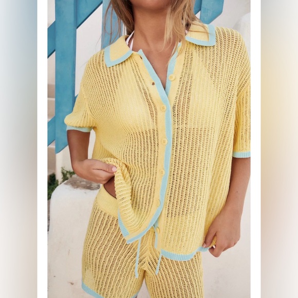 Zara Yellow and Blue Knit Polo Button-Up Cardigan Top Size L - Picture 2 of 2